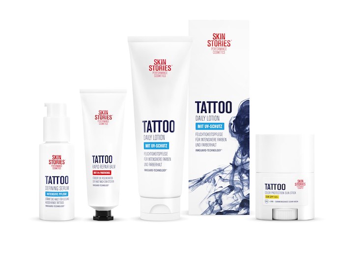 Nová značka Skin Stories nabízí čtyři produkty pro péči o potetovanou pleť, zdroj: Beiersdorf.