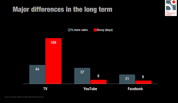 Hlavní rozdíly mezi médii v dlouhodobém efektu, zdroj:  Karen Nelson-Field, Benchmark Series