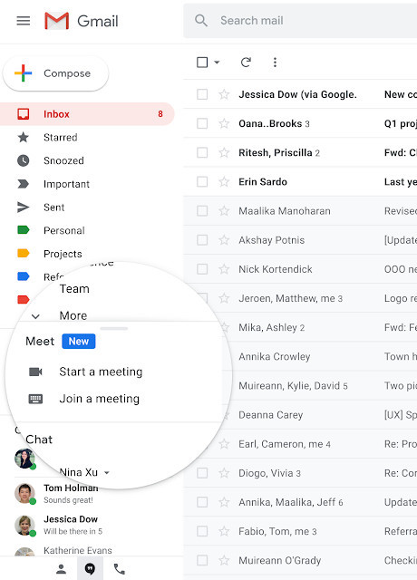 Podoba integrace Meetu v Gmailu, zdroj: Google