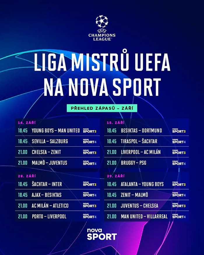 Rozpis zářijových utkání Ligy mistrů ve vysílání Nova Sport, zdroj: TV Nova