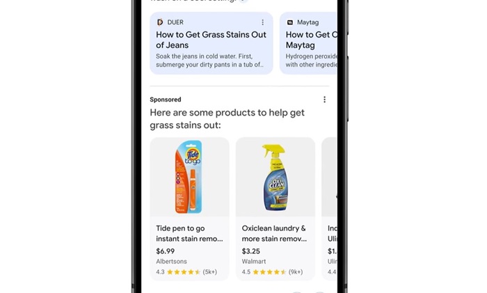 Ukázka zobrazení reklamních sdělení v AI přehledu. Zobrazené produkty se vážou k dotazu: Jak dostat mastné skvrny z džínů?, Zdroj: Google