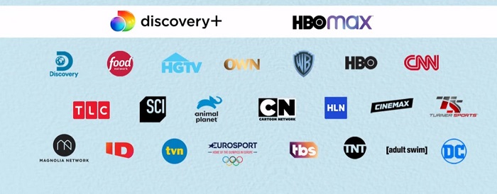 Značky mediálních společností Discovery a WarnerMedia, které budou spojeny do jedné společnosti Warner Bros. Discovery.
