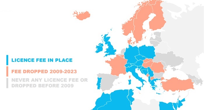 Licenční poplatky pro média veřejné služby, prosinec 2023: modrá barva = země využívající poplatek, oranžová barva = země, které poplatek přestaly využívat v letech 2009-2023, šedivá barva = země, které nikdy poplatky před rokem 2009 nevyužívaly. zdroj: EBU