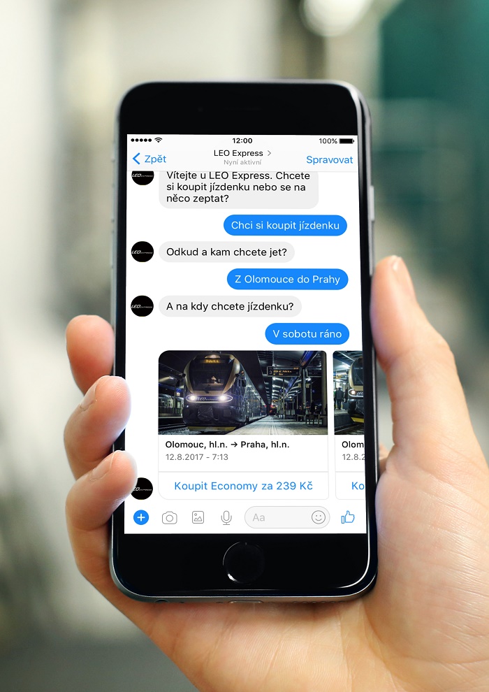 Chatbot, přes kterého lze v Messengeru zakoupit jízdenku, zatím ale jen jednosměrnou pro dospělého, foto: Leo Express.