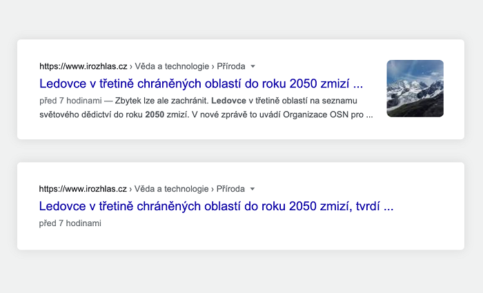 Google ukázal, jak se změní zobrazování článků - z náhledů na prosté odkazy (za odkazy se podle evropské směrnice platit nemusí), zdroj: Google ČR