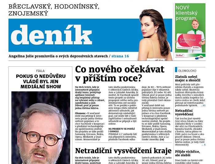 Náhled titulní strany deníků Břeclavského, Hodonínského a Znojemského, zdroj: Vltava Labe Media