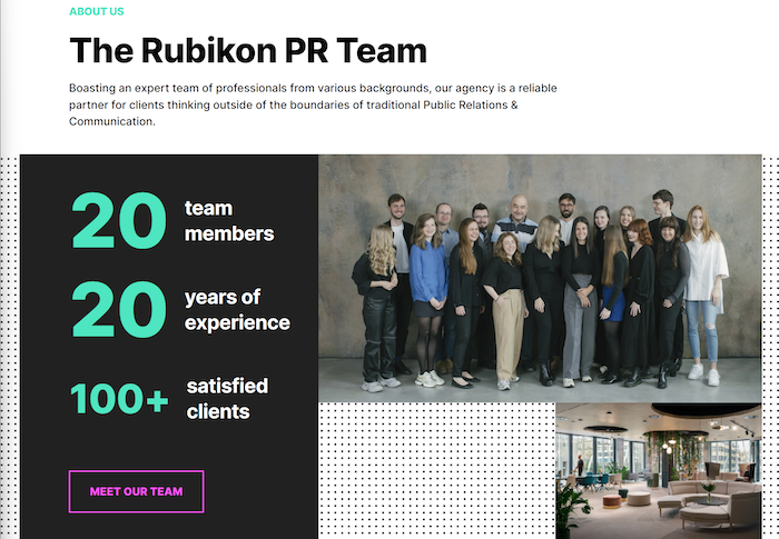 Nový web agentury Rubikon PR s novou vizuální identitou a primárně v angličtině, na doméně .eu, zdroj: Rubikon PR