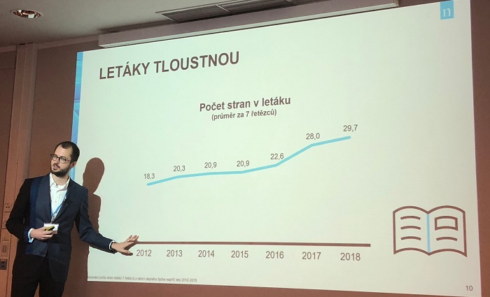Michal Čepek z agentury Nielsen ukazuje, jak letáky postupně tloustnou, foto: MediaGuru.cz.
