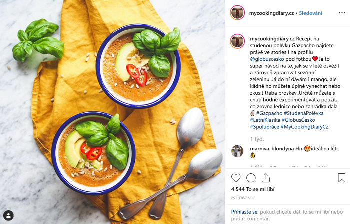Globus spolupracuje s Kateřinou Saint Germain - MyCookingDiary a její profil je především o receptech. Zdroj: Instagram MyCookingDiary