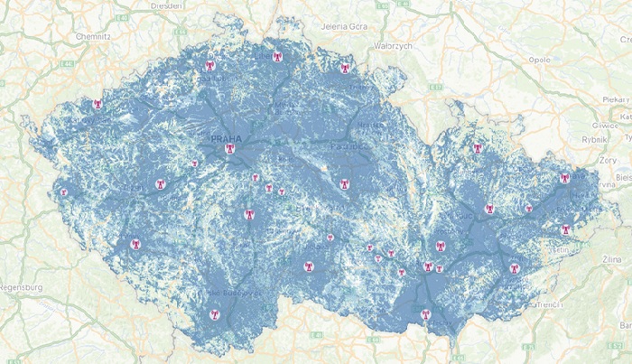 Mapa pokrytí vysílací sítě DAB+ Českých Radiokomunikací, zdroj: CRA
