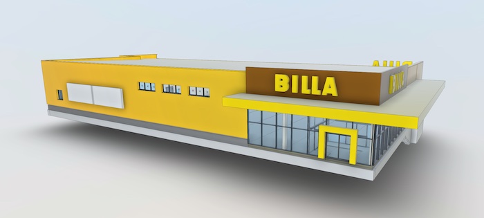 Vizualizace první ekologické celodřevěné prodejny Billa ve Vracově na Hodonínsku, zdroj: Billa ČR