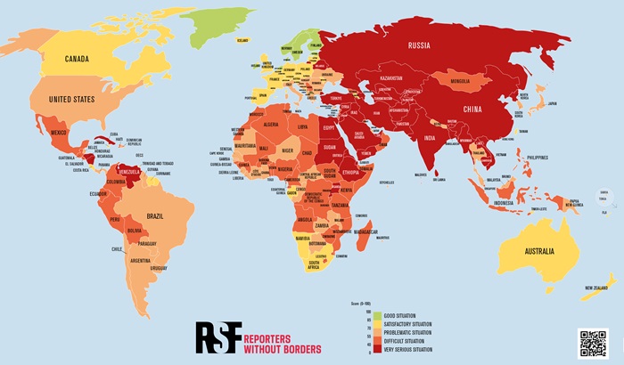 Míra svobody tisku (čím tmavší, tím je index svobody nižší), zdroj: RSF