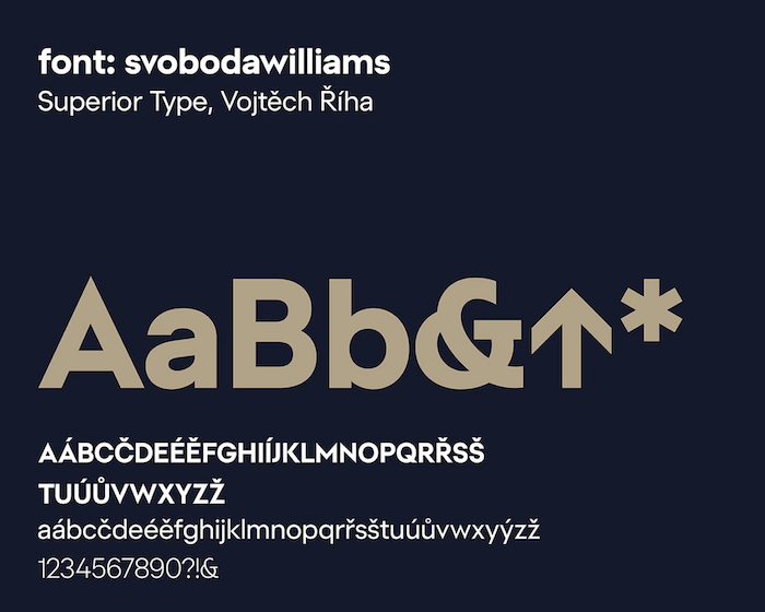 charakteristickým prvkem geometricky konstruovaného fontu jsou ostrá špičatá zakončení změkčená dekorativním ampersandem, zdroj: Svoboda & Williams.