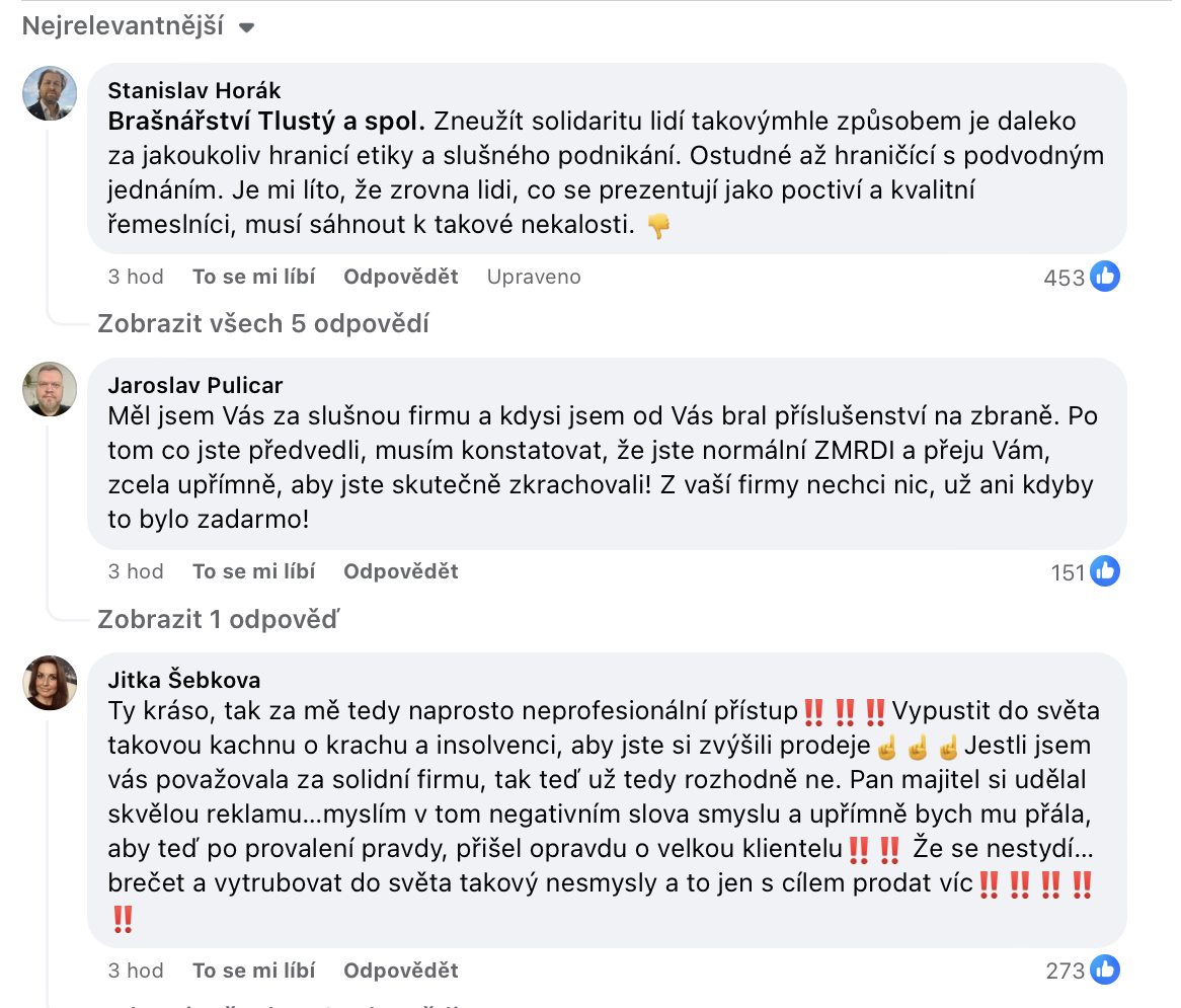 Ukázka komentářů po vyjasnění, že firma nekrachuje, zdroj: FB Brašnářství Tlustý a spol.