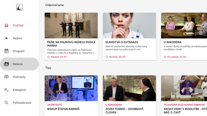 Prostředí aplikace slovenské stanice Lux TV pro Android TV