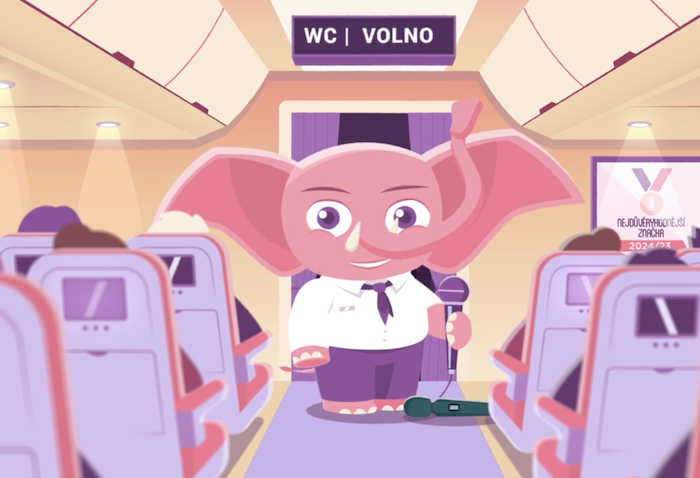 Růžový slon ukazuje v kampani, jak na vrchol