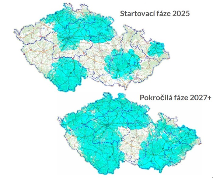 Schémata pokrytí Play.cz v DAB+ - startovací fáze 2025 a plánovaná fáze v roce 2027. Zdroj: prezentace Play.cz, repro: MediaGuru.cz