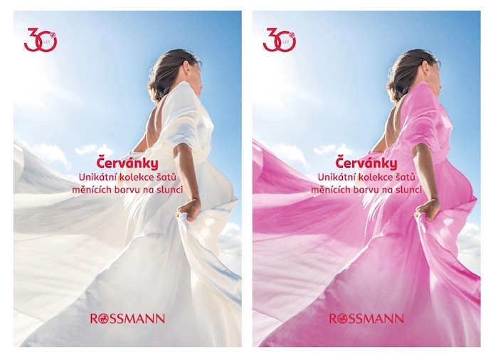 K 30. výročí na českém trhu vytvořil Rossmann kolekci šatů z látky, jež mění barvu na slunci, zdroj: Rossmann.