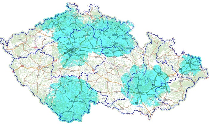 Mapa pokrytí signálem DAB rádií Expres FM a Classic Praha, zdroj: Seznam.cz