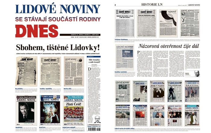 Poslední vydání tištěných Lidových novin, sobota 31.8. 2024: titulní strana a strana 2, zdroj: repro Mafra