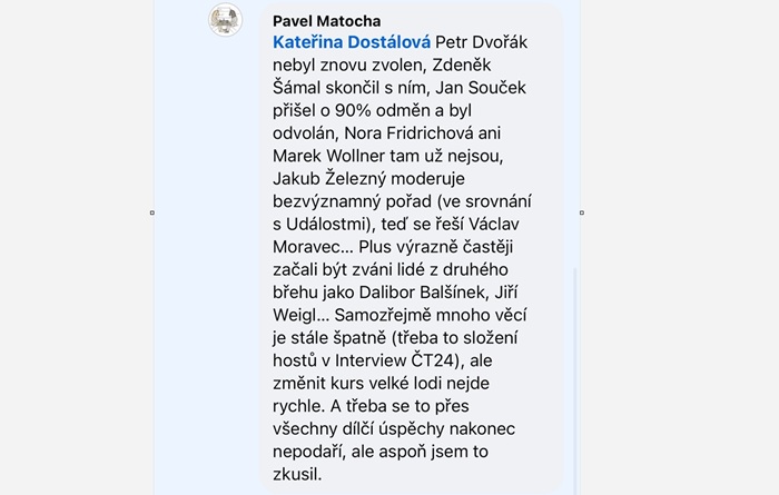 Zdroj: facebookový účet radního ČT Pavla Matochy, jeho odpověď Kateřině Dostálové.